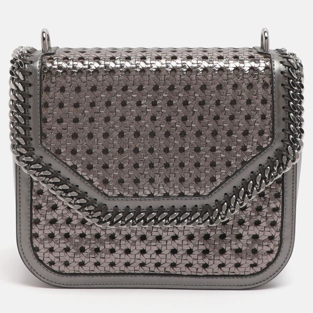 Stella Mccartney Metallic Grey Woven Faux Leather Falabella Box Shoulder Bag